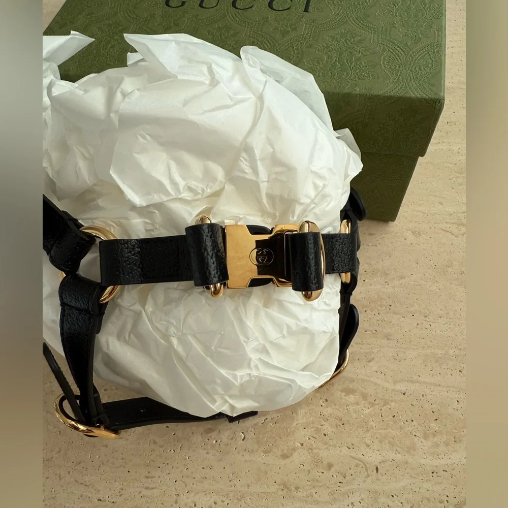NWB Gucci GG Logo Black Leather Pet - Dog Harness with Gold Buckles Size M